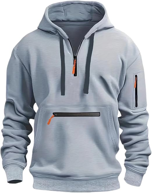 Mens 1/4 Zip Hooded Sweatshirt, Multiple Zippers Pockets Hoodie For Men, Loose Fit Casual Work Hoody